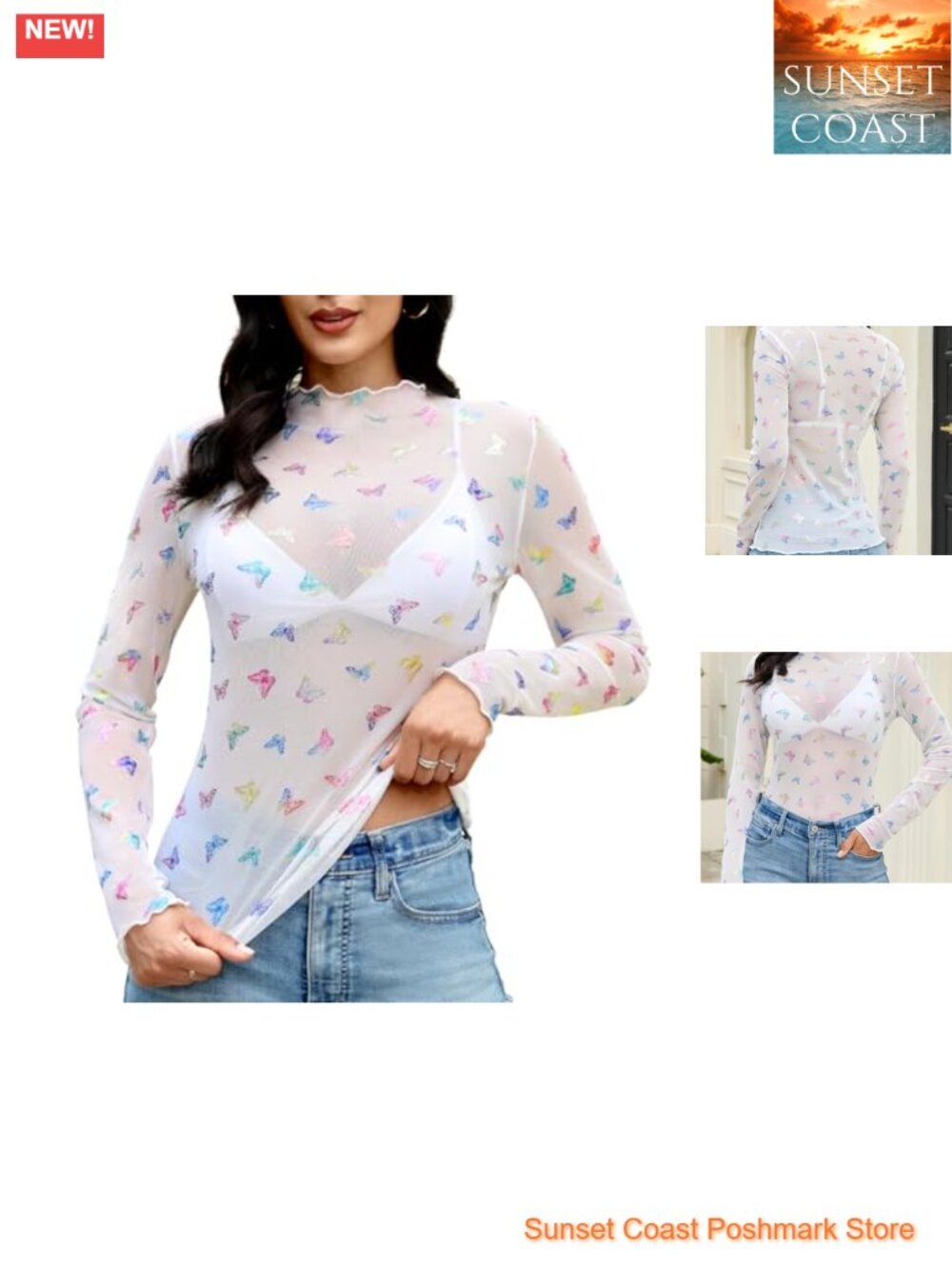 Women's Lace Long Sleeve Top Sheer Mesh Mock Neck See Through Shirt